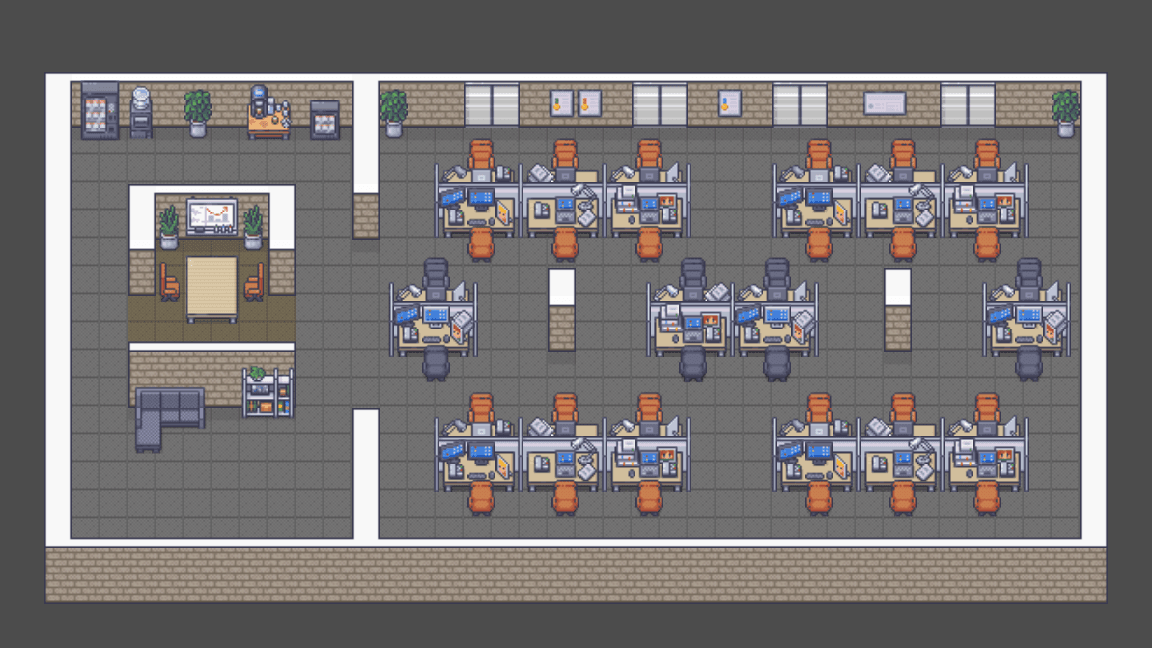 The pixel-art office from Hotdesk Patrol.